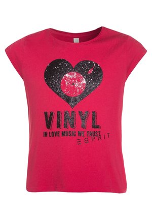 Czerwona koszulka z krótkim rękawem z czarną grafiką winylowej płyty w kształcie serca i napisem "VINYL IN LOVE MUSIC WE TRUST ESPRIT" na przodzie.