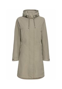 Light beige waterproof coat featuring a high collar, adjustable hood, side pockets, and a straight-cut design. Smooth texture with minimal accents.