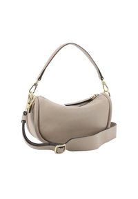 Beige Ledertasche mit geschwungener Form, ausgestattet mit einem Reißverschluss, einem abnehmbaren Riemen und goldfarbenen Metallakzenten.