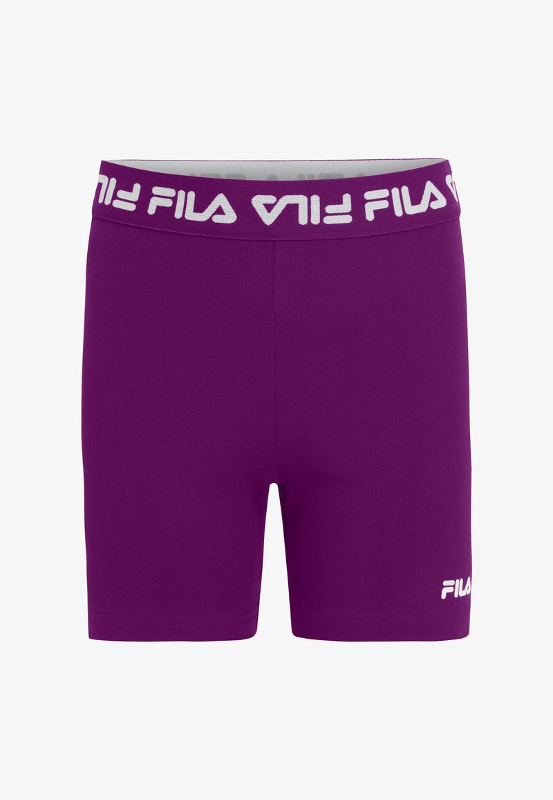 Violet urheilushortsit, joissa on valkoinen FILA-logo vasemmassa lahkeessa ja valkoinen elastinen vyötärö, jossa on brändin nimi kontrastiväreillä.