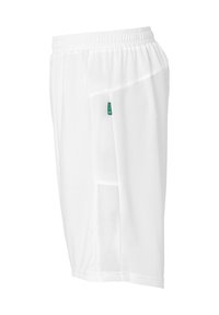 White athletic shorts made of lightweight, breathable fabric. Features a mesh side panel for ventilation and an elastic waistband.