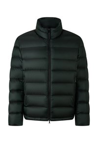 Dunkelgrüne gepolsterte Jacke mit hohem Kragen, horizontalem Steppmuster, zentralem Reißverschluss und Seitentaschen. Glatter, leichter Stoff.