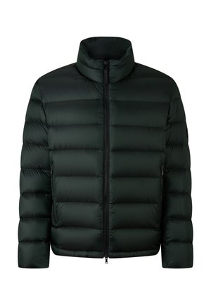 Donkergroene gewatteerde jas met een hoge kraag, horizontale quiltontwerp, centrale rits en zijzakken. Gladde, lichte stoftextuur.