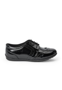 Schwarzer Lacklederschuh mit runder Zehenpartie, dekorativen Broguing, Schnürdesign und niedrigem Gummisohle. Glatte Textur mit subtiler glänzender Oberfläche.