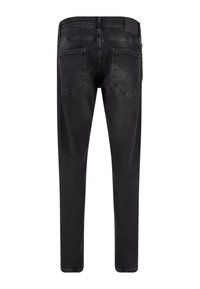 Jeans de mezclilla negra con un ajuste slim, con un diseño de cinco bolsillos, pasadores para cinturón y un parche de logo en la parte posterior. Textura suave.