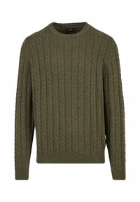 Sukienka w oliwkowym kolorze z warkoczowym splotem, okrągłym dekoltem oraz ściągaczami na mankietach i u dołu. Teksturalny wzór na tkaninie dodaje głębi.