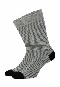 Szare skarpetki z cienkimi czarnymi paskami, żebrowana tekstura u góry i czarne czubki. Wykonane z miękkiego materiału dla komfortu i trwałości.