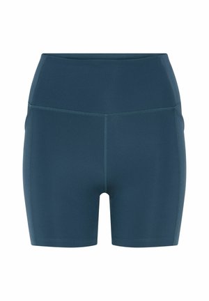 Tmavomodré atletické šortky s vysokým pásom, plochými švami a hladkou, elastickou látkou.