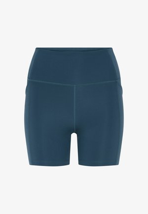 Tmavomodré atletické šortky s vysokým pásom, plochými švami a hladkou, elastickou látkou.