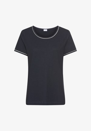 Navy blue short-sleeve T-shirt with white trim around the round neckline and sleeve edges, plain design.