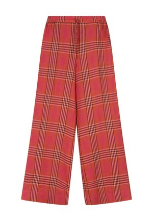 Wijd uitlopende broek met rood en roze ruitpatroon, elastische tailleband en trekkoordsluiting.