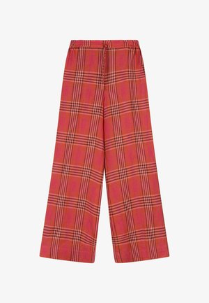 Wijd uitlopende broek met rood en roze ruitpatroon, elastische tailleband en trekkoordsluiting.