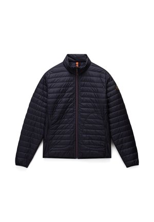 Svart isolert jakke med høy krage, horisontale sømmer og glidelås-lommer foran. Har glatt tekstur og elastiske mansjetter.