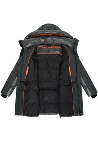 Gray insulated jacket with orange accents. Features a large hood, multiple zippered pockets, and a soft, smooth inner lining.