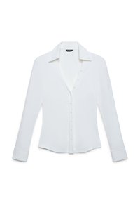 Weißes, langärmliges Hemd mit Knopfleiste, gekerbtem Kragen, glatter Textur und sieben Knöpfen vorne. Leicht gebogter Saum am unteren Rand.