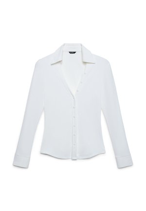 Weißes, langärmliges Hemd mit Knopfleiste, gekerbtem Kragen, glatter Textur und sieben Knöpfen vorne. Leicht gebogter Saum am unteren Rand.