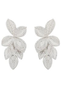 Crystal-encrusted earrings featuring a leaf design, composed of silver-colored metal with varying leaf shapes and meticulous detailing.