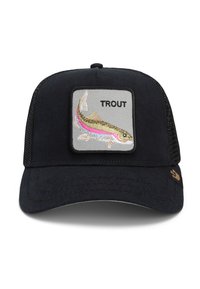 Black cap with a rectangular gray patch featuring an embroidered trout and the word “TROUT.” Adjustable mesh back, textured fabric.