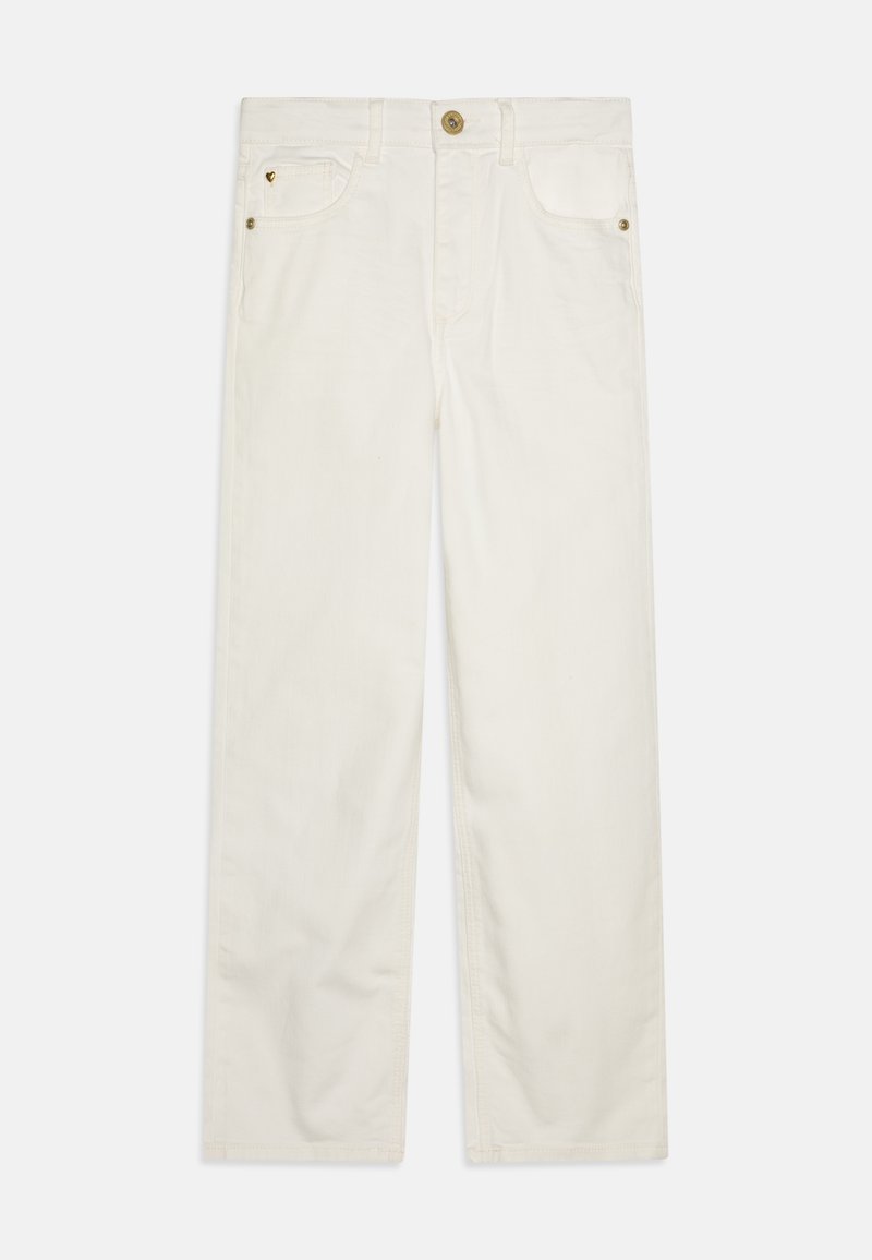 Bijele traperice ravnog kroja s kopčanjem na dugme, dva prednja džepa i suptilnim zlatnim detaljima.