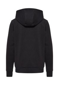 Zwarte capuchontrui van achteren gezien met lange mouwen en geribde manchetten en zoom op een witte achtergrond.