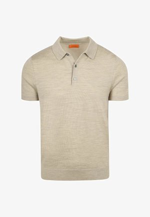 Beiges Poloshirt mit kurzen Ärmeln, zwei Knöpfen am Ausschnitt und geripptem Saum, aus weichem, leichtem Strickstoff gefertigt.