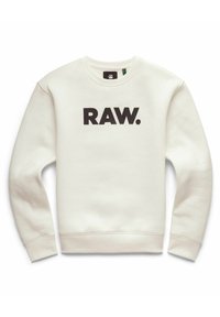 Bílá mikina s kulatým výstřihem a dlouhými rukávy, na hrudi s tučně vytištěným nápisem "RAW." v černé barvě.