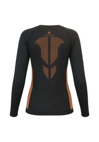 Long-sleeve athletic shirt in black, featuring a textured orange logo and pattern on the back, with contrasting orange side panels.