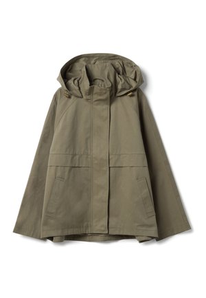 Olivgrüne Kapuzenjacke mit Frontreißverschluss, geknöpftem Überschlag, zwei Seitentaschen und verstellbaren Kordelzügen an der Kapuze.