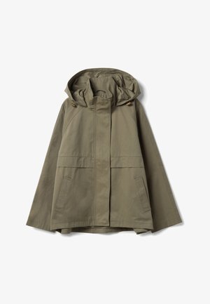 Olivgrüne Kapuzenjacke mit Frontreißverschluss, geknöpftem Überschlag, zwei Seitentaschen und verstellbaren Kordelzügen an der Kapuze.