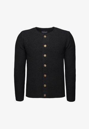 Black knitted cardigan with a round neckline, featuring six light brown buttons along the front and ribbed texture on sleeves and hem.