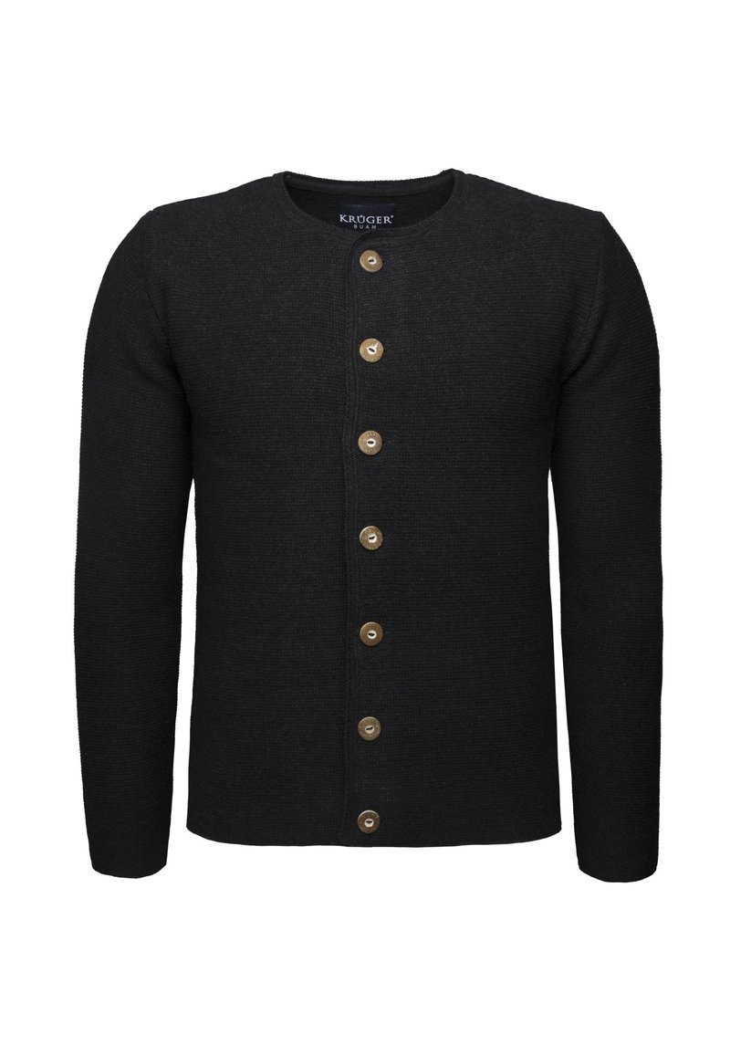 Zwarte gebreide cardigan met een ronde halslijn, voorzien van zes lichtbruine knopen aan de voorkant en een ribbelstructuur op de mouwen en de onderrand.