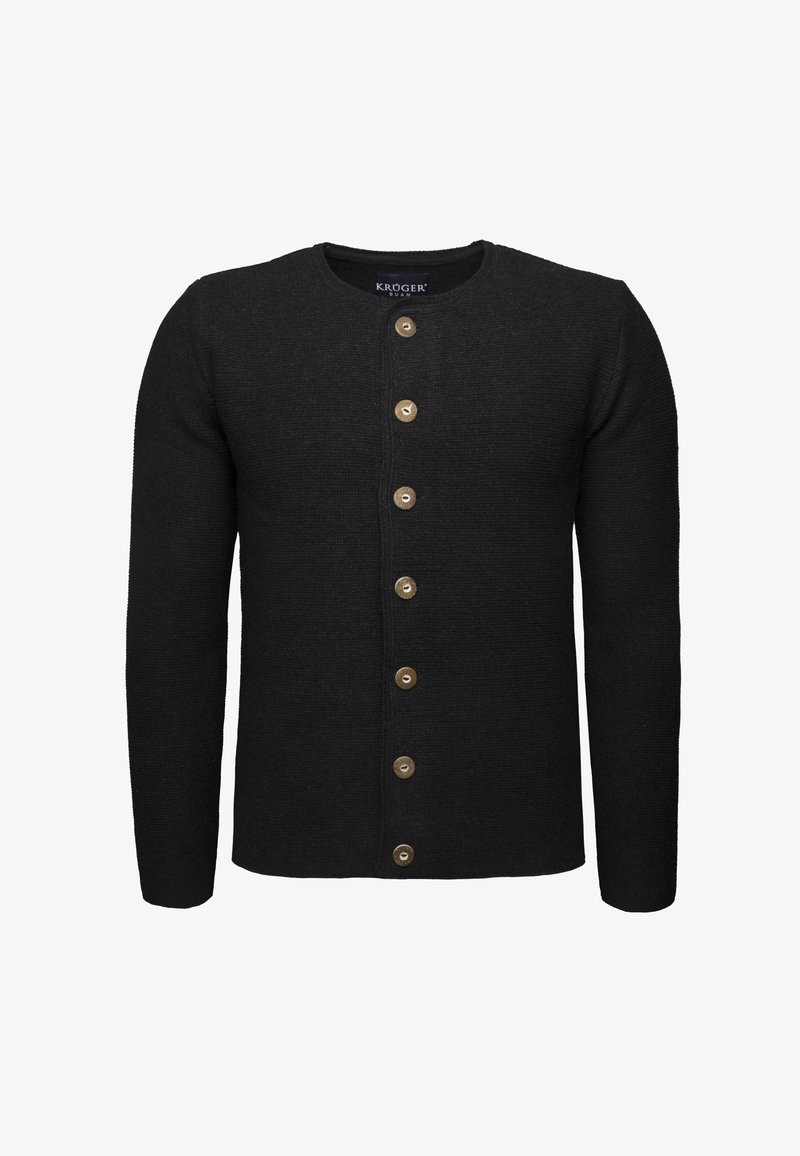 Cardigan nero a maglia con scollo rotondo, dotato di sei bottoni marrone chiaro sul davanti e texture a coste sulle maniche e sull'orlo.