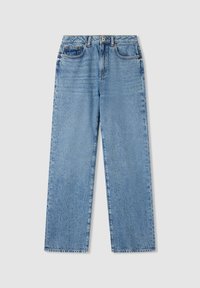 Jasnoniebieskie, szerokie dżinsy z wysokim stanem, pięć kieszeni i wyblakłe wykończenie. Posiadają kontrastowe szwy i zapięcie na guzik.