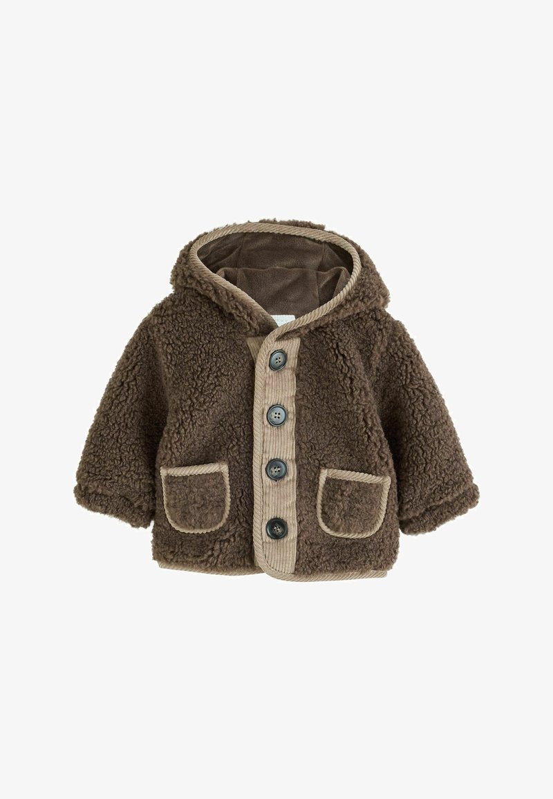 Brown fluffy toddler jacket with hood, four black buttons, two front pockets, and beige trim around edges and pocket openings.
