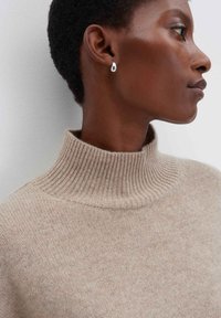 Beige Rollkragenpullover mit geripptem Kragen, gestrickter Textur und glatter Oberfläche. Das Modell trägt silberne Ohrhänger. Nahaufnahme im Profil.