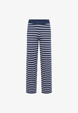 Pantaloni lounge a righe con una ampia vita elastica; presentano righe orizzontali blu navy e crema; realizzati in morbido e leggero tessuto.