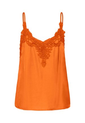 Top arancione senza maniche con spalline sottili e dettagli in pizzo ornato lungo lo scollo a V e la parte superiore del petto.