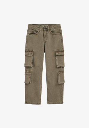 Pantalon cargo vert olive, en tissu de coton résistant, doté de multiples poches latérales et d'une coupe décontractée, avec des détails de coutures visibles.