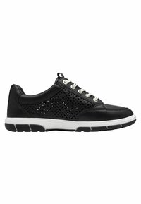 Sneaker nera con motivo geometrico ritagliato, lacci bianchi e suola in gomma. Presenta pelle liscia e un plantare bianco a contrasto.