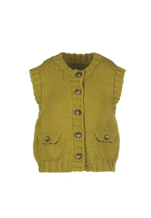 Knit vest in olive green with a round neckline, short sleeves, front button closure, and two small pockets with button accents.