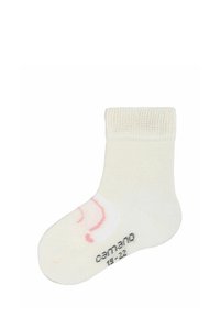 Weißer Baumwollsocken mit geripptem Bündchen, auf der Seite mit einem pinkfarbenen abstrakten Design und einem gedruckten Größenetikett am Boden. Geeignet für Kinder.