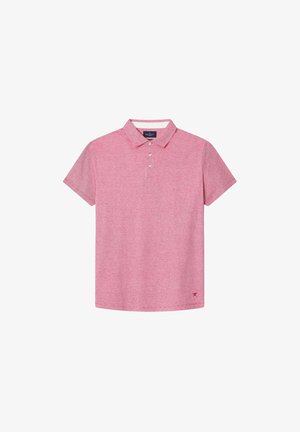 Polo à manches courtes en rose clair mélangé, avec un col, une patte de boutonnage à trois boutons et un petit logo brodé sur l'ourlet.