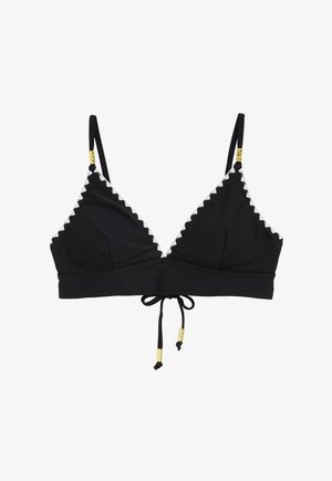 Mustat kolmnurkne bikiinitope valgete sakiliste äärtega, reguleeritavad õlapaelad ja eesrihm. Omab kuldset aksessuaari õlapaeladel.