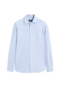 Camicia a maniche lunghe a righe blu chiaro e bianche, con chiusura a bottoni, collo e dettagli ai polsini, realizzata in tessuto morbido con vestibilità standard.