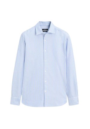 Camicia a maniche lunghe a righe blu chiaro e bianche, con chiusura a bottoni, collo e dettagli ai polsini, realizzata in tessuto morbido con vestibilità standard.