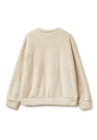 Sweter z futra sztucznego w kolorze kremowym, z okrągłym dekoltem, długimi rękawami i prążkowanym wykończeniem. Miękka tekstura i luźny krój.