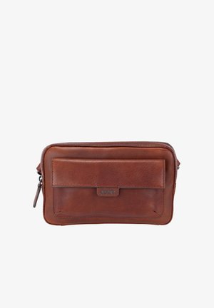 Rjava usnjena torbica z zadrgo, gladko teksturo, pravokotno obliko in sprednjim žepom z vtisnjenim logotipom "JOOP!".