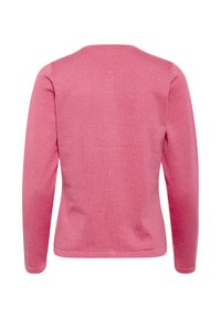 Roze sweater met lange mouwen en een ronde hals, zachte textuur en een aangesloten ontwerp. Geen zichtbare hardware of patronen. Achteraanzicht weergegeven.
