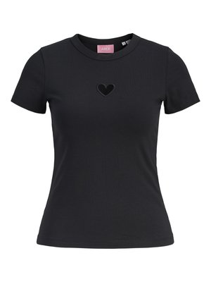 Black short-sleeve T-shirt made of smooth fabric, featuring a small, embroidered heart detail on the chest and a round neckline.