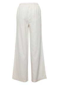 Crème-kleurige, wijde linnen broek met een elastische tailleband. Zachte textuur, minimale naden en rechte silhoutte. Ideaal voor warm weer.